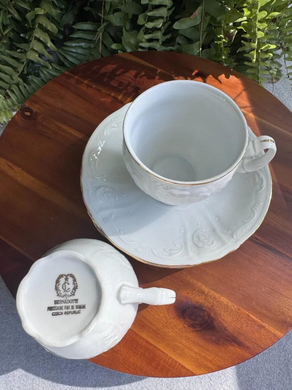 Vintage Bernadotte Czech Republic White Porcelain Teacup Saucer Set, Gold Rim